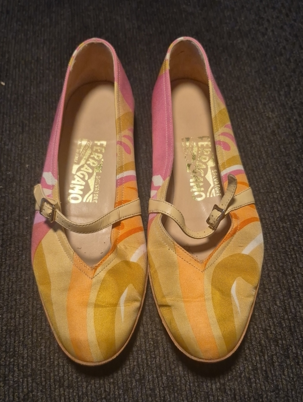 Salvatore Ferragamo Pink, Yellow & Orange Patterned Mary Jane Flats